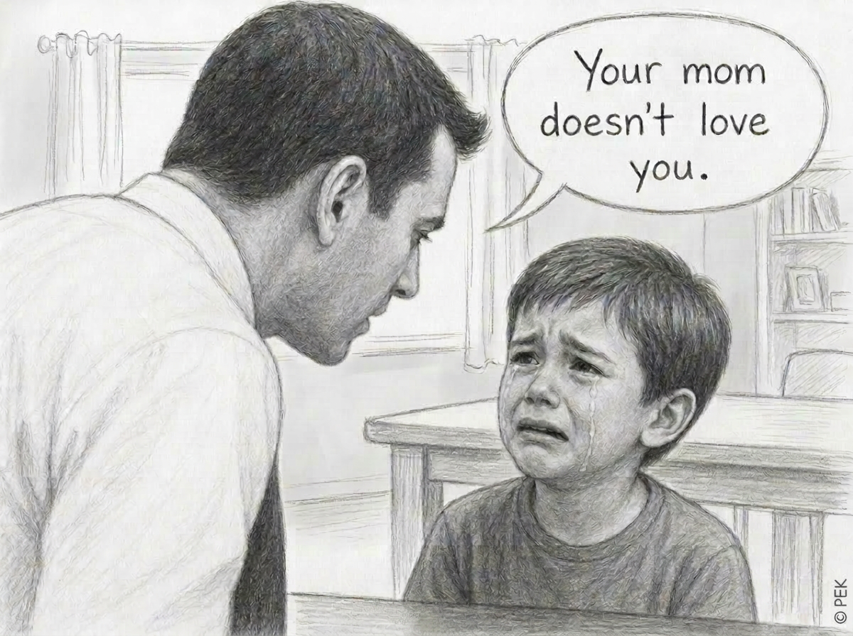 Sketch of a father telling a child that their mother is a bad mom — depicting parental alienation through negative messaging